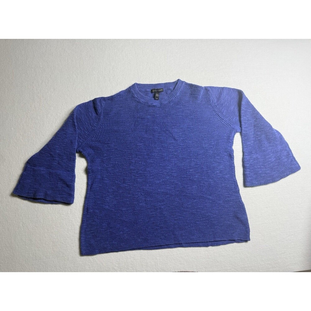 Eileen Fisher Cobalt Blue Textured Knit Bell Sleeve Sweater Top Size Small
